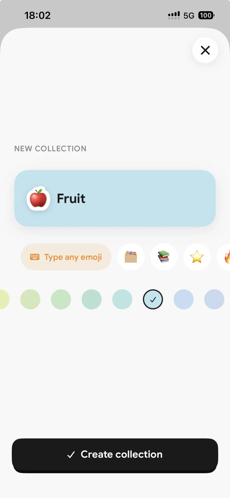New collection named Fruit, with an apple emoji and a blue colour selected.
