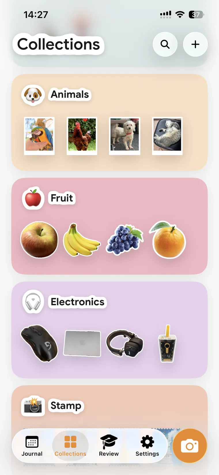 The Collections tab, with Animals, Fruit, Electronics and Stamp.