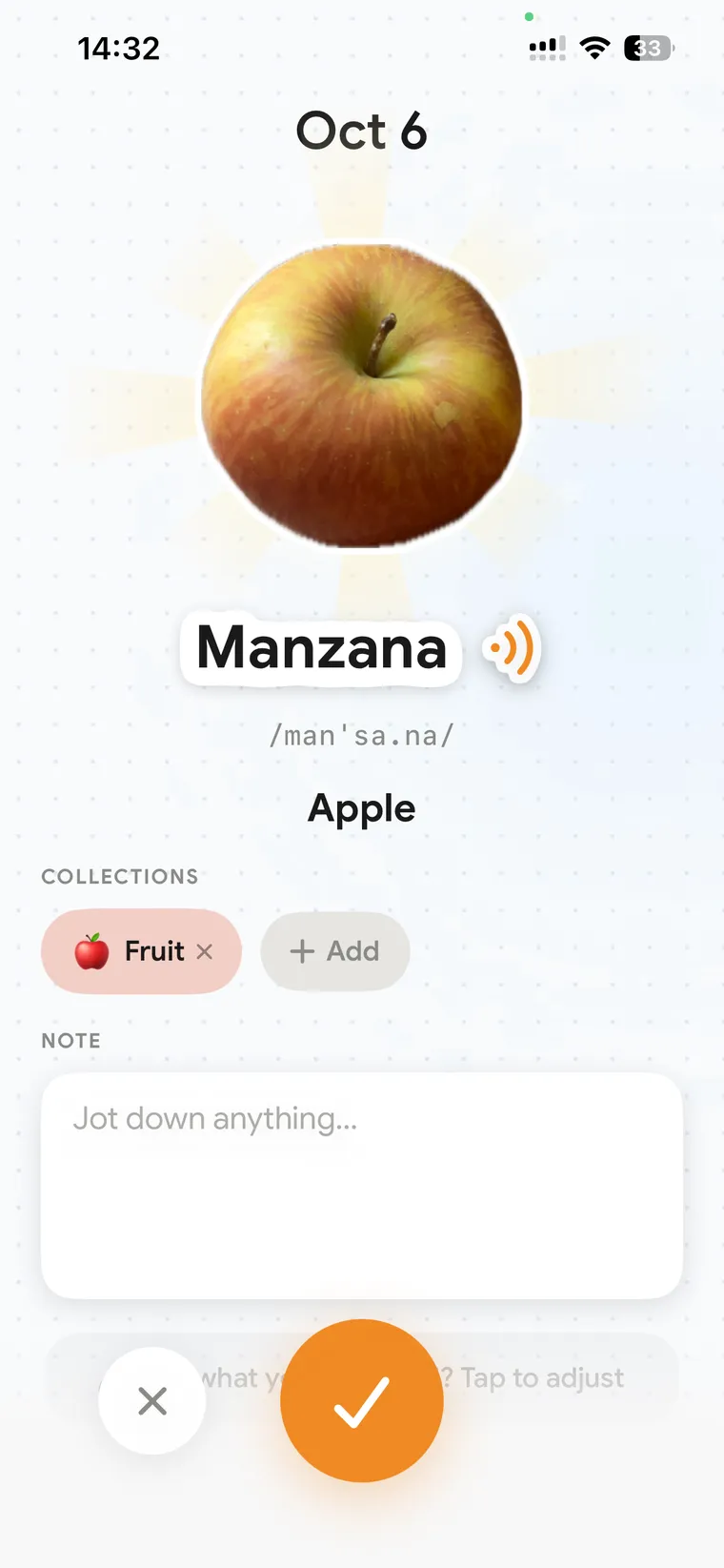 The new card for an apple: Manzana, its pronunciation, Apple, and the Fruit collection, waiting to be confirmed.