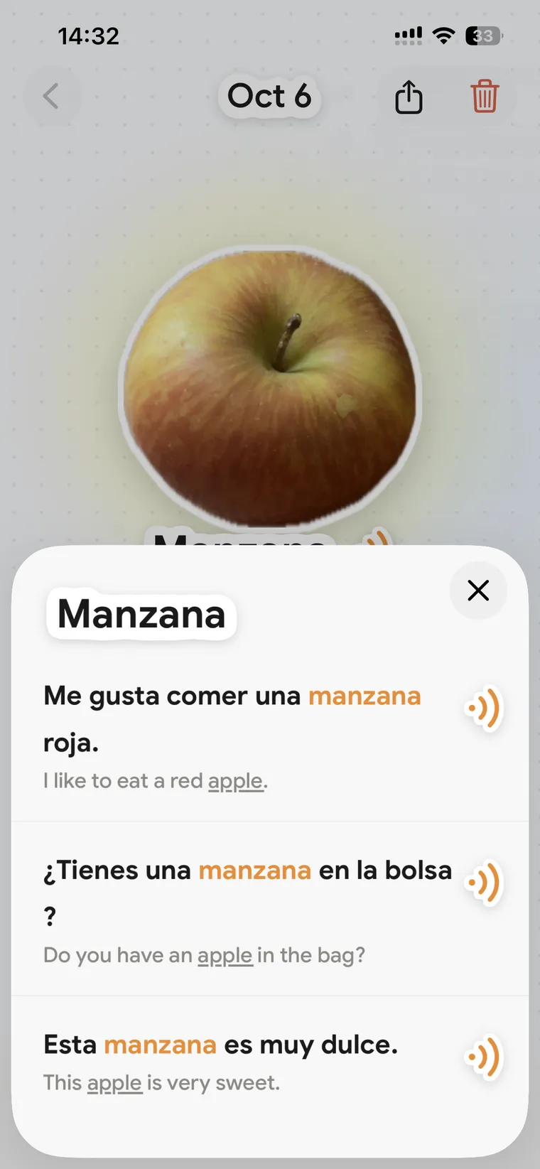 Three Spanish sentences for manzana, each with an English translation.