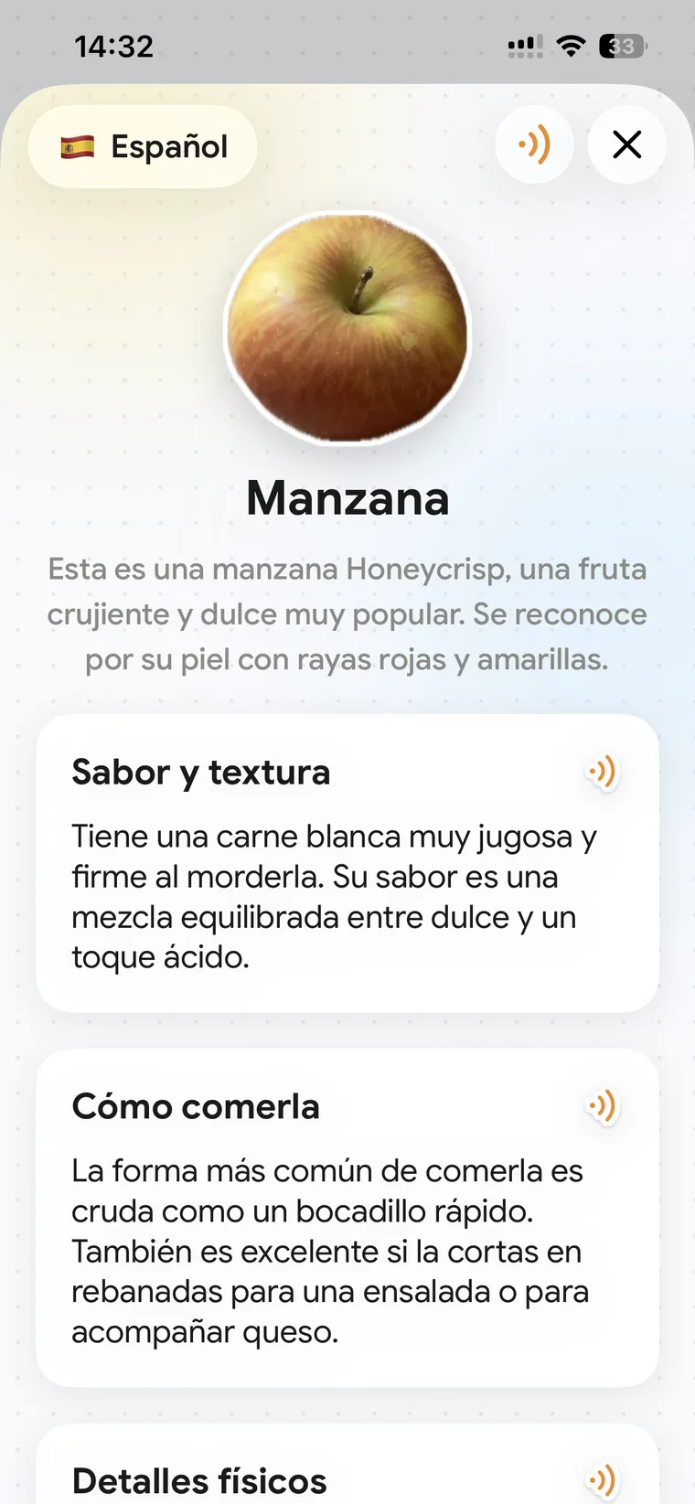 The same explanation in Spanish: Manzana, with Sabor y textura and Cómo comerla, the language chip reading Español.