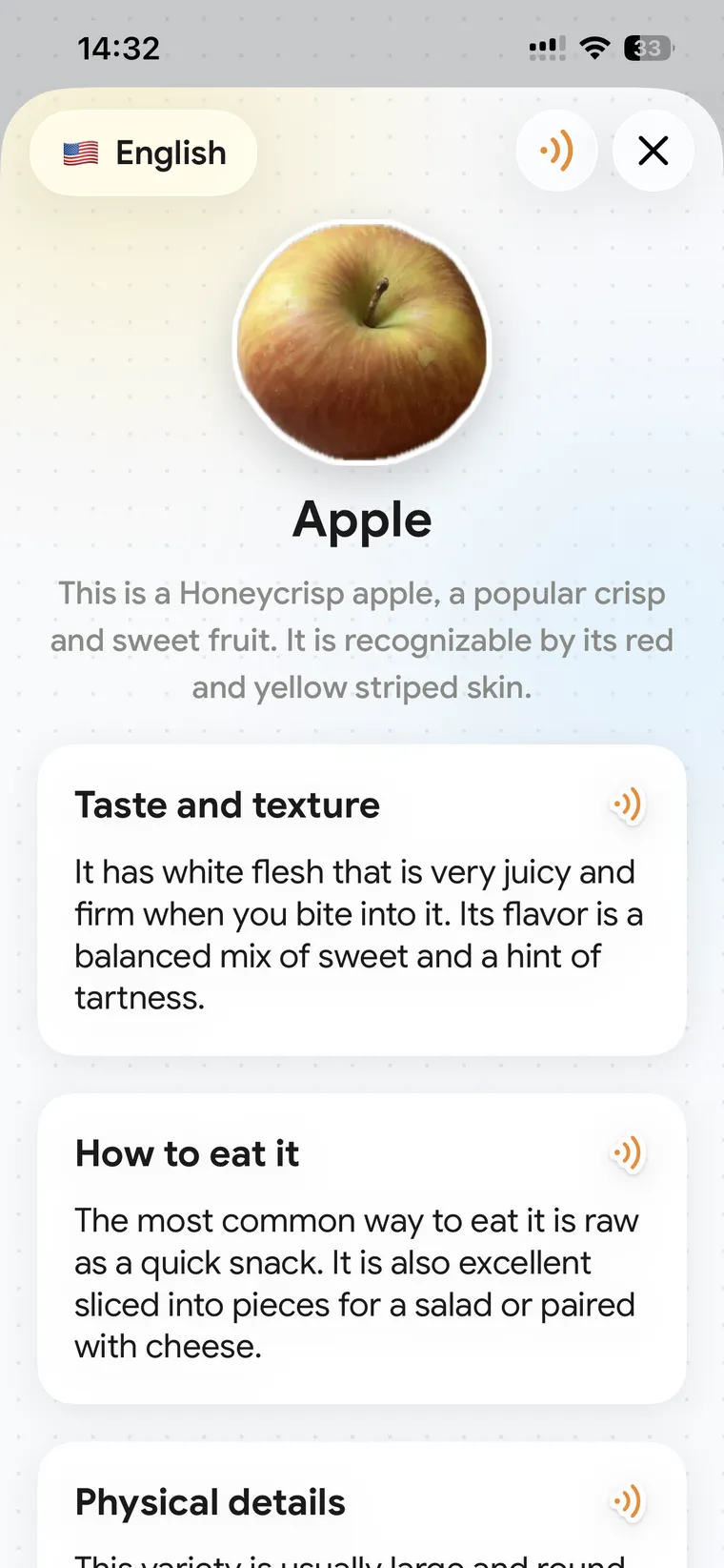 The explanation in English: Apple, with sections on taste and texture, how to eat it, and physical details.