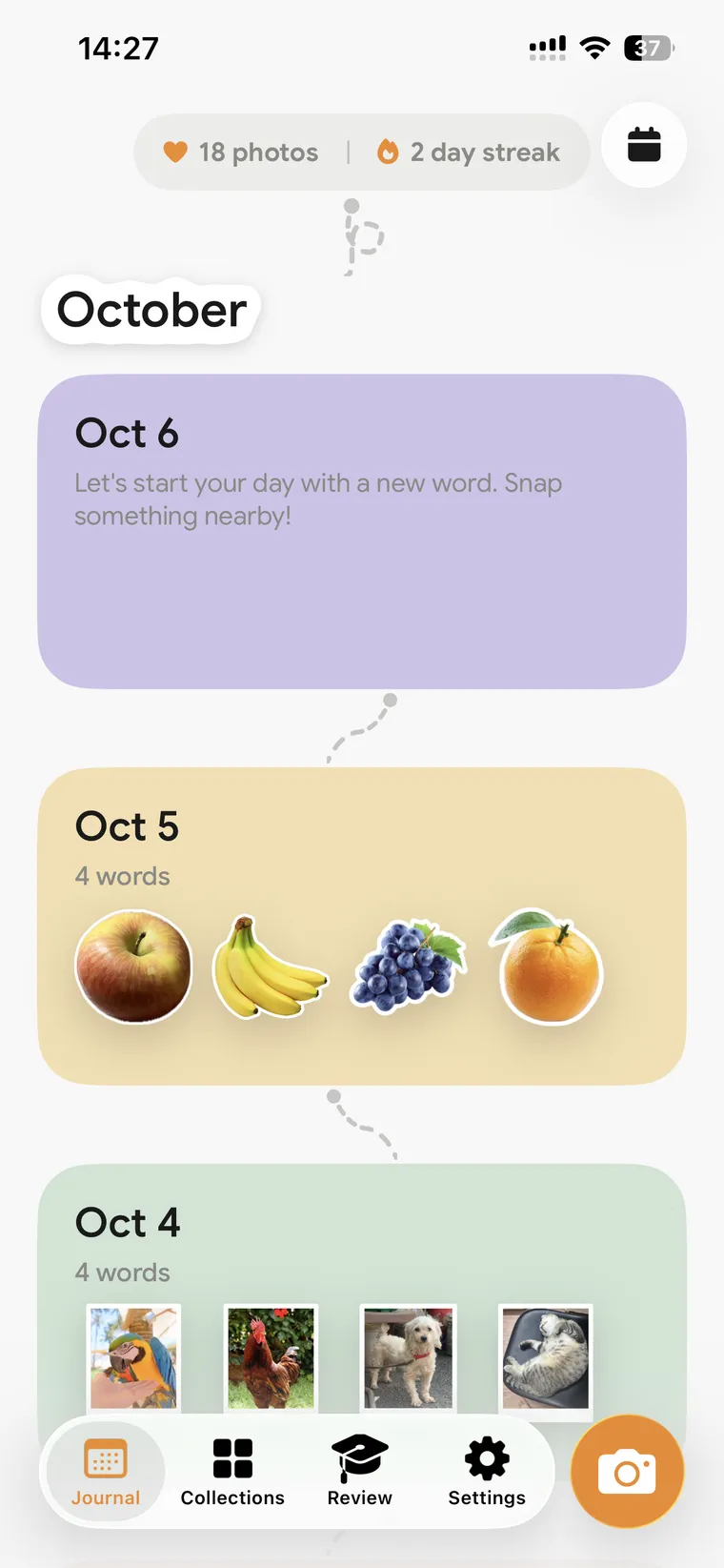 October listed by day: a prompt on the 6th, and the words caught on the 5th and the 4th.