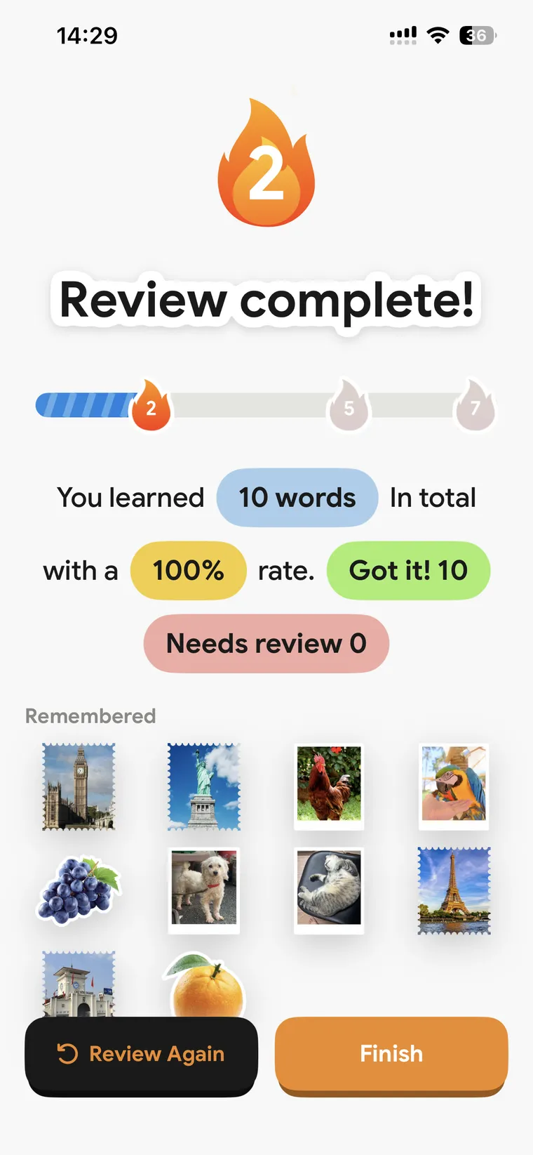 Review complete: a two-day streak, ten words learned, and a hundred per cent rate.