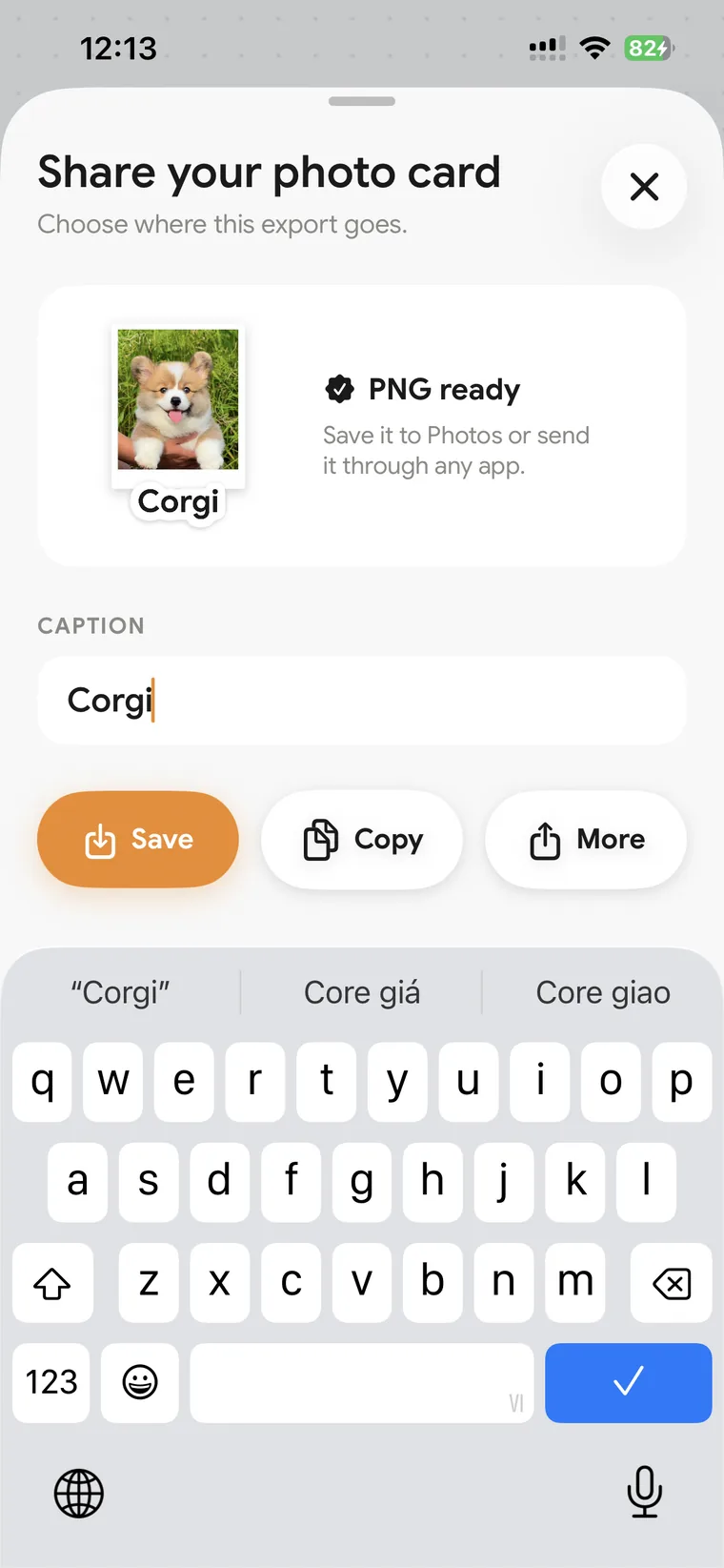 The share sheet for a Corgi card: the sticker marked PNG ready, a caption field, and Save, Copy and More.