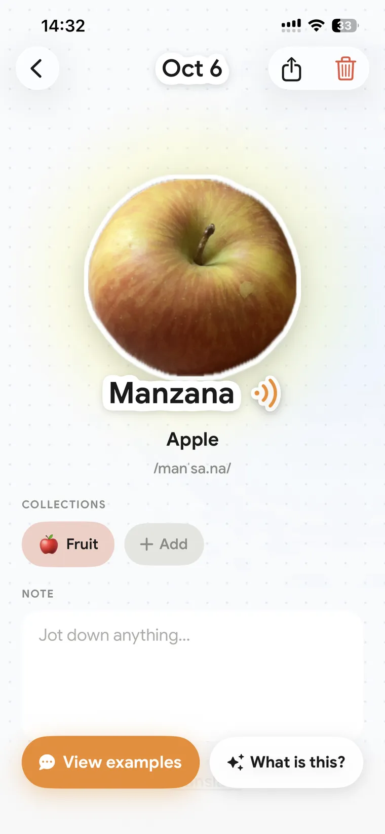 The Manzana card, with buttons for View examples and What is this.