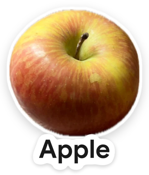 An apple, cut out and labelled “Apple” in English.
